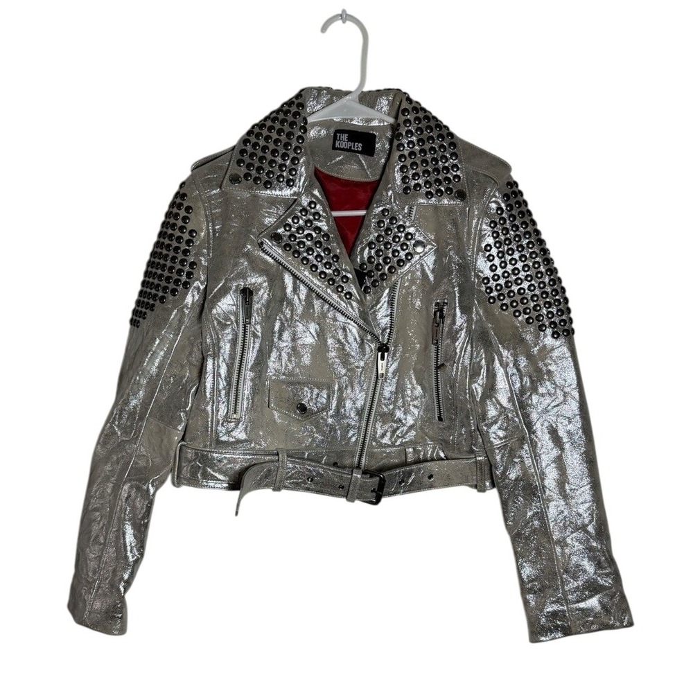 The Kooples Silver Studded Leather Biker Jacket Size 2 Women's